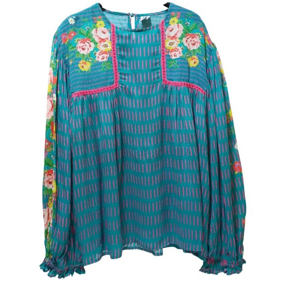 Blink London Boho Peasant Blouse Womens M Floral Statement Top Artsy Flowy - Picture 1 of 9